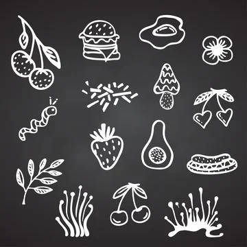 Collection of groove psychedelic food elements. Retro design Stock Illustration