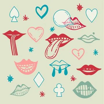 Collection of groove psychedelic mouth elements. Retro Illustrazione stock