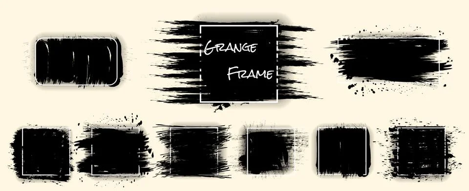 Collection of grunge frames. Black ink brush strokes, paint splatters and d.. Stock Illustration
