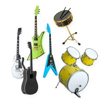 Collection of guitars and drum set with drumsticks isolated on white background Stock Illustration