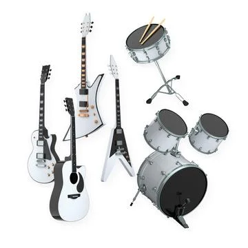 Collection of guitars and drum set with drumsticks isolated on white backgrou Stock Illustration