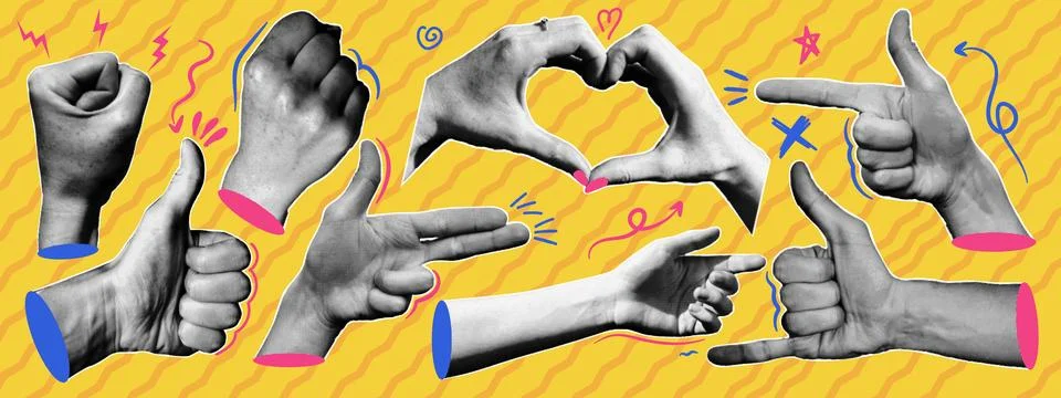 Collection of halftone hands with doodle elements. Gesture signs. Set of co.. Stock Illustration