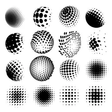 Collection of halftone sphere vector logo set. Abstract globe symbol, isolated Stock Illustration