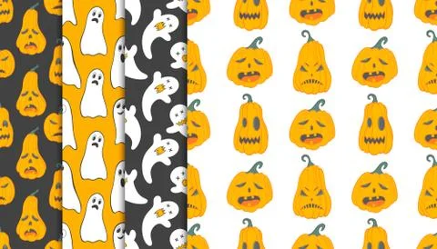 Collection of halloween patterns with angry pumpkins and ghosts.Seamless patt Stock Illustration