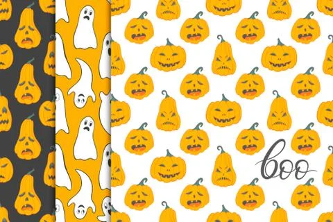 Collection of halloween patterns with angry pumpkins and ghosts.Seamless patt Stock Illustration