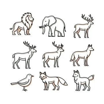 Collection of hand drawn animals including lion, elephant, deer, and more Stock Illustration