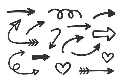 Collection of hand drawn arrows and hearts in black with energetic sketch Stock Illustration