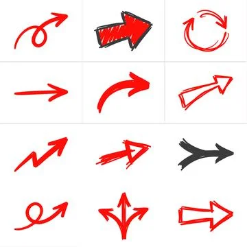 Collection of Hand Drawn Arrows in Red and Black Colors. Stock Illustration