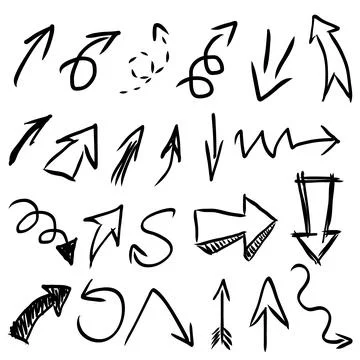 Collection of hand drawn arrows in various styles and directions on a white.. Stock Illustration