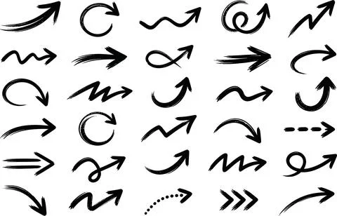 Collection of hand drawn black arrows and pointers. Stock Illustration