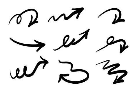 Collection of hand-drawn black arrows with varied styles and directions on Stock Illustration