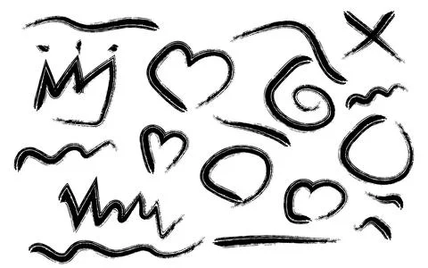 A collection of hand drawn black lines and shapes on a white background Stock Illustration