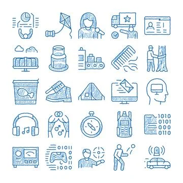 Collection of hand drawn blue doodle sketch icons Stock Illustration
