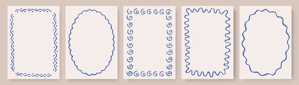 Collection of hand-drawn blue frames with abstract wavy, curly, and dotted Stock Illustration
