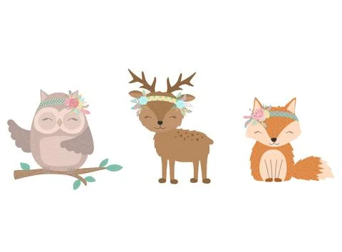 Collection of hand-drawn boho animals. The image of a fox, deer, owl with flo Stock Illustration