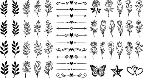 Collection of Hand-Drawn Botanical Elements and Decorative Ornaments. Illustrazione stock