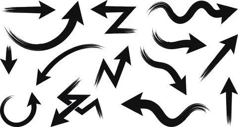 Collection of Hand Drawn Brush Stroke Arrows in Black on White Background. Stock Illustration
