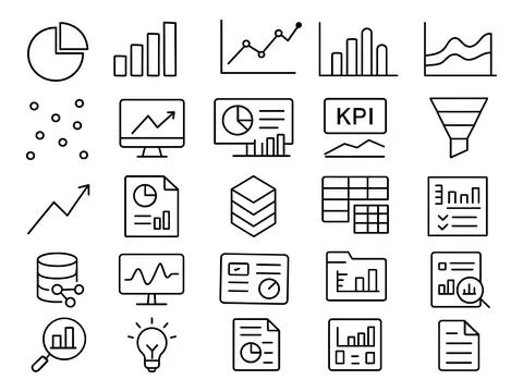 Collection of hand drawn business analytics icons isolated on white backgroun Stock Illustration
