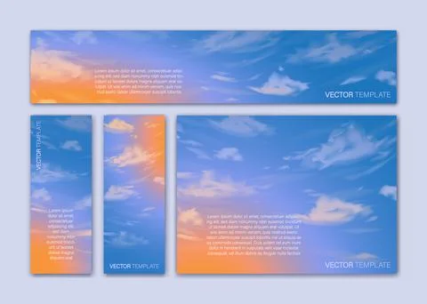 Collection of hand drawn cards with gradient sunset sky and realistic clouds Stock Illustration