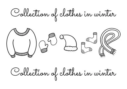 Collection of hand drawn clothes in winter Stock Illustration