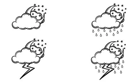 A collection of hand drawn of cloudy clouds, rain clouds and lightning clouds Stock Illustration