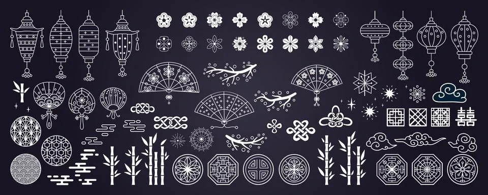 Collection of hand drawn decorative elements in asian style Stock Illustration