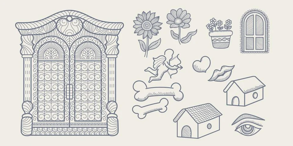 Collection of hand-drawn doodle elements including an ornate gate, sunflowe.. Stock Illustration