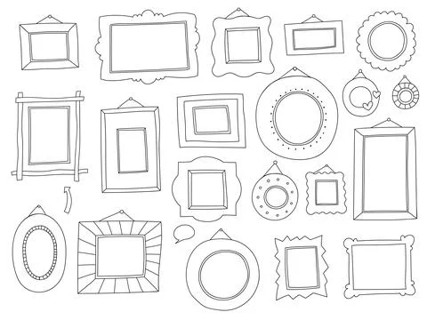 A collection of hand-drawn doodle frames in black outline on a white backgr.. Illustrazione stock