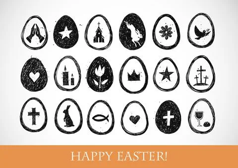 Collection of hand drawn easter doodles. Easter symbols in eggs on white Illustrazione stock