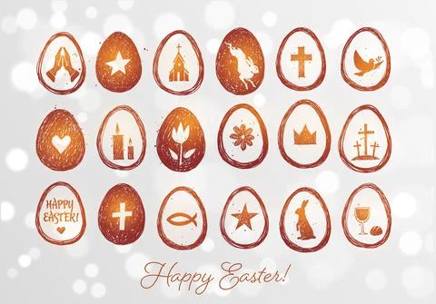 Collection of hand drawn easter doodles. Easter symbols in eggs on white glowing Stock Illustration