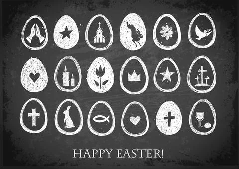 Collection of hand drawn easter doodles. Eggs with easter symbols on blackboard Illustrazione stock