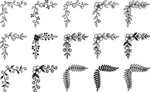 Collection of Hand-Drawn Floral Corner Ornaments and Borders. 스톡 일러스트