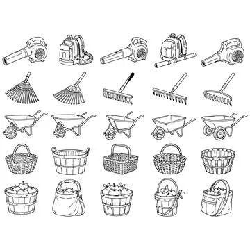 Collection of Hand-Drawn Gardening Tools and Harvest Baskets Illustration Stockillustratie