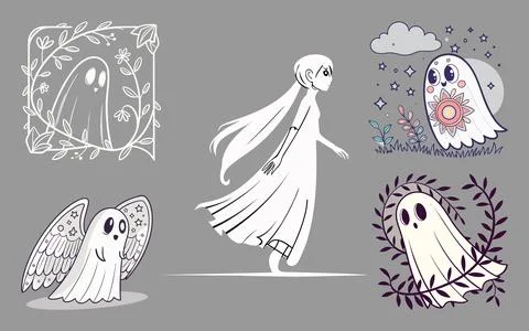 Collection of hand drawn ghost characters and floral wreaths for creative h.. Stock Illustration