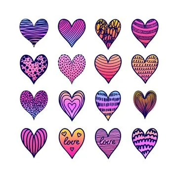 Collection of hand drawn gradient hearts in doodle style on white background. Stock Illustration