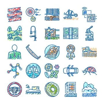 Collection of hand drawn icons representing diverse concepts Ilustración de archivo