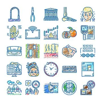 Collection of hand drawn icons representing diverse concepts Stock Illustration