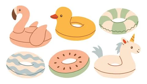 Collection of hand drawn inflatable pool floats and swimming rings. Minimalist Stock Illustration