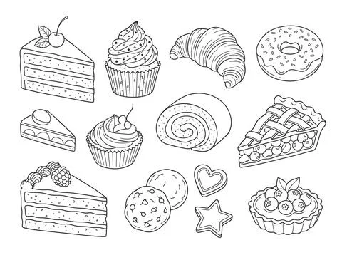 Collection of hand-drawn line art desserts and pastries including cake slic.. Stock Illustration
