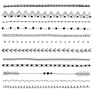 Collection of hand drawn line borders, Set of floral ornaments and waves. Vec Illustrazione stock