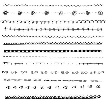 Collection of hand drawn line borders, Set of floral ornaments and waves. Vec Stock Illustration