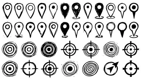 Collection of hand drawn map location pins and target symbols for interface.. Stock Illustration
