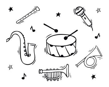 Collection of hand drawn musical instruments in doodles style Stock Illustration