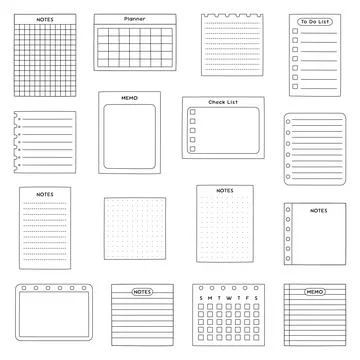 Collection of hand drawn notebook planner memo checklist and to do list tem.. Illustrazione stock