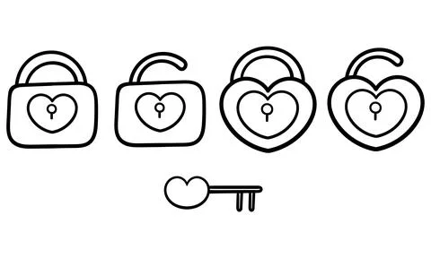 Collection of hand drawn padlocks and heart keys Stock Illustration