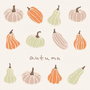 Collection of hand-drawn pumpkins in various colors and shapes, showcasing Stock Illustration