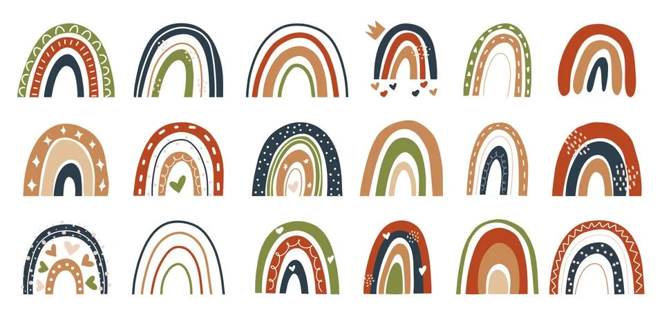 Collection of hand drawn rainbow element illustration in scandinavian style Stock Illustration