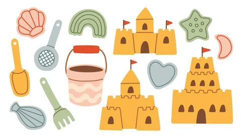 Collection of hand drawn sand castles and beach toys. Minimalist flat vector Stock Illustration