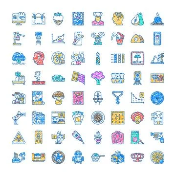 Collection of hand drawn scratch style colorful doodle icons Stock Illustration