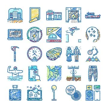 Collection of hand drawn scribble icons illustrating various concepts Stock Illustration